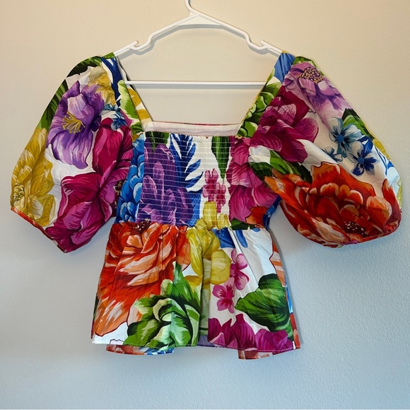 FARM Rio Rainbow Chita Empire Waist Puff Sleeve Blouse Size XS - Picture 3 of 6